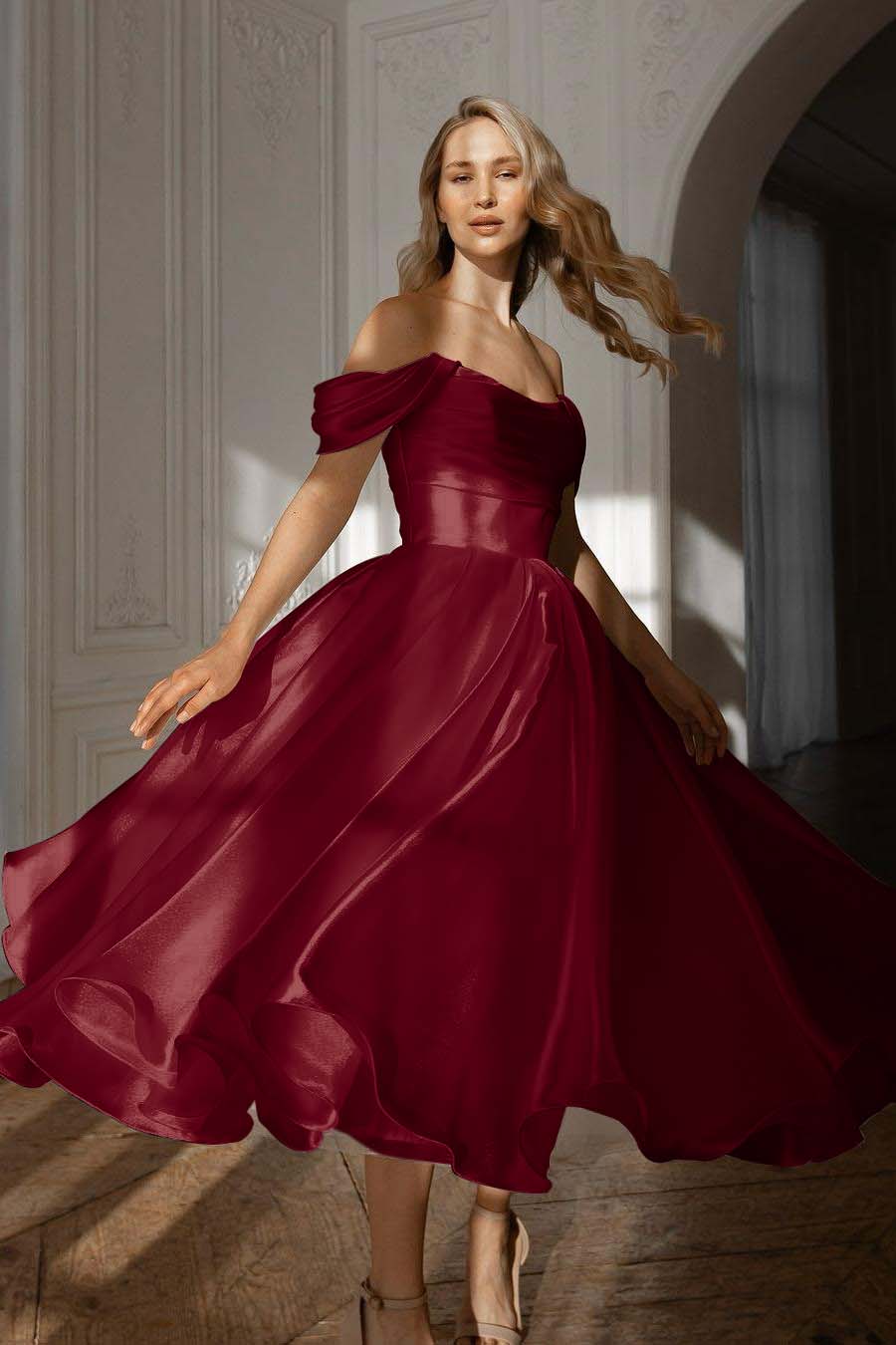 A Line Wedding Dress Cap Sleeve Off the Shoulder Organza Tea Length Formal Gown