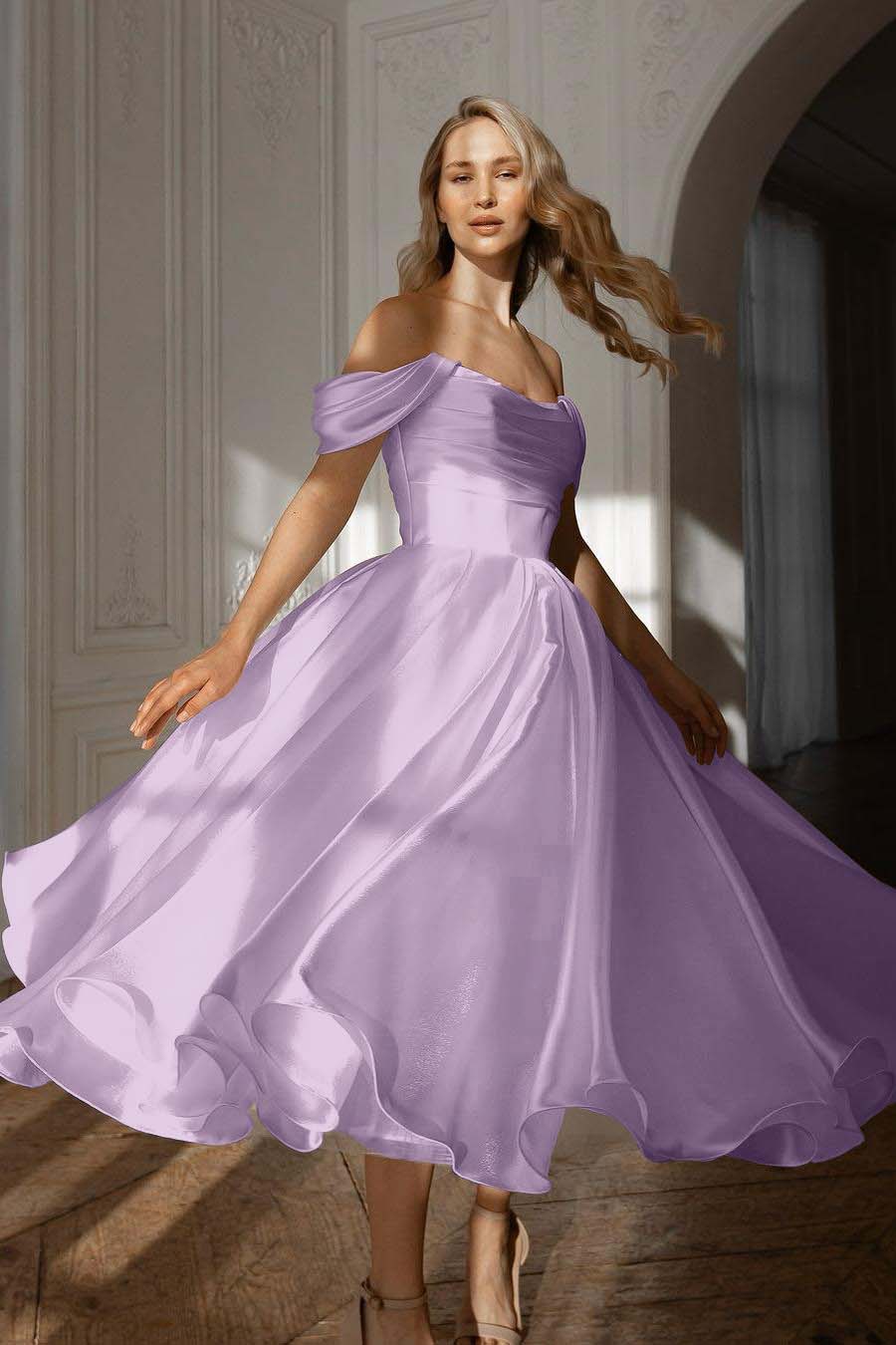 A Line Wedding Dress Cap Sleeve Off the Shoulder Organza Tea Length Formal Gown