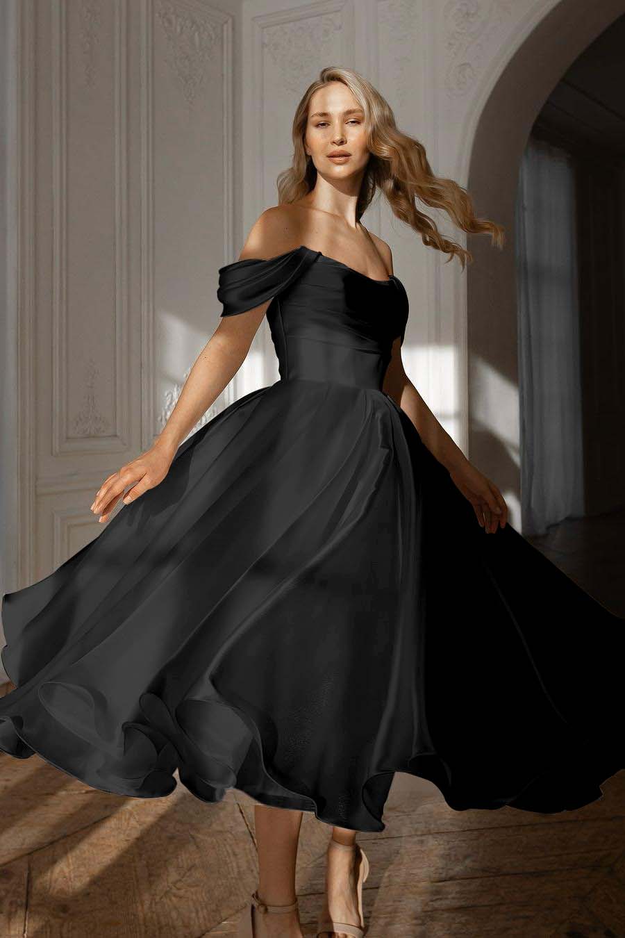 A Line Wedding Dress Cap Sleeve Off the Shoulder Organza Tea Length Formal Gown