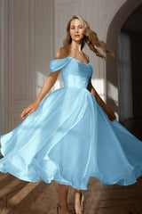 A Line Wedding Dress Cap Sleeve Off the Shoulder Organza Tea Length Formal Gown