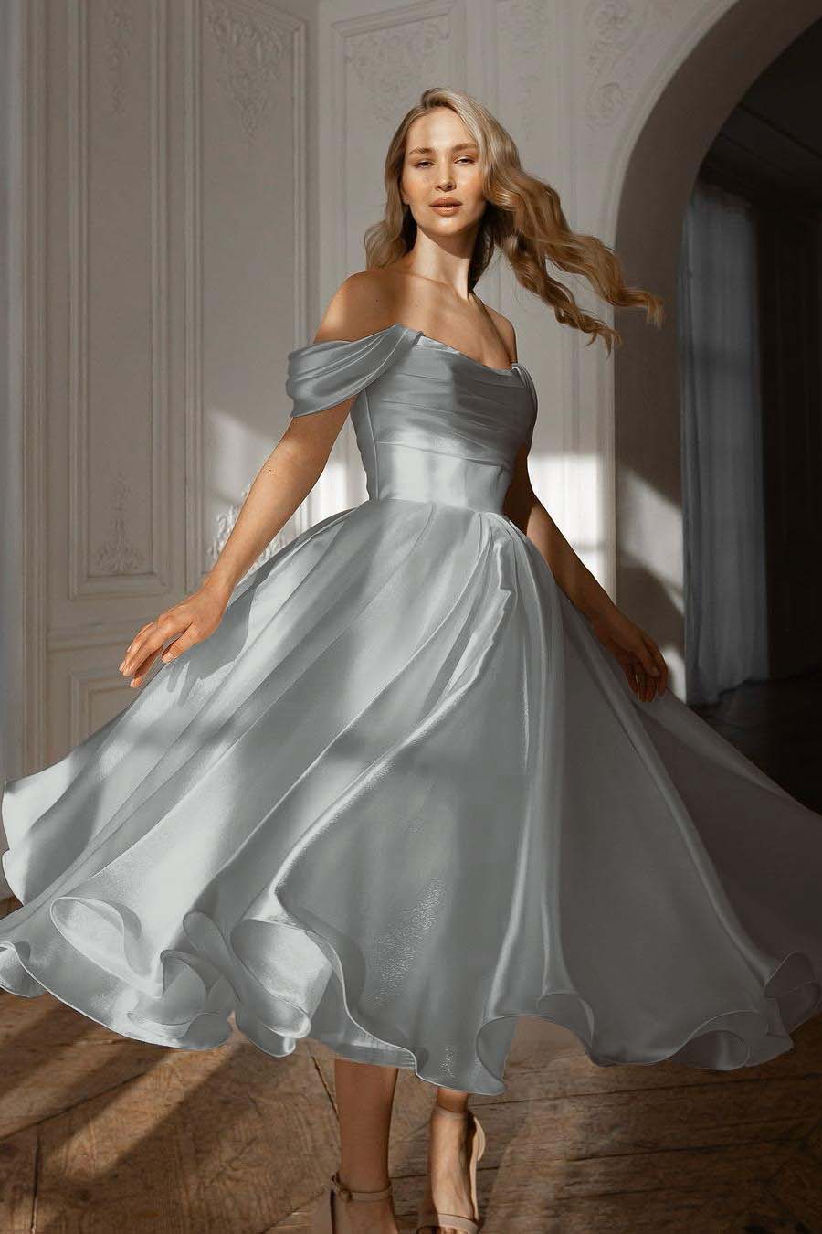 A Line Wedding Dress Cap Sleeve Off the Shoulder Organza Tea Length Formal Gown