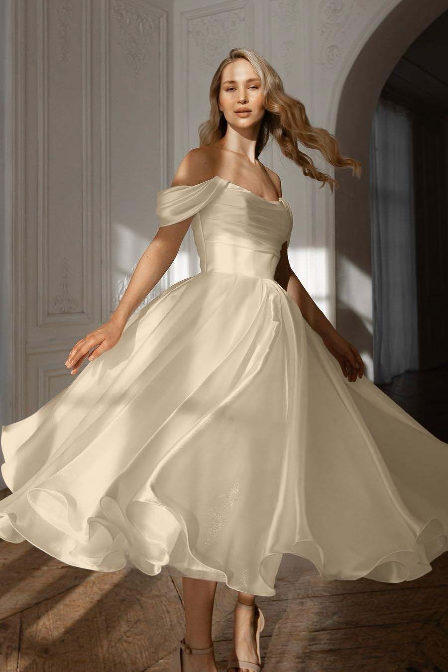 A Line Wedding Dress Cap Sleeve Off the Shoulder Organza Tea Length Formal Gown