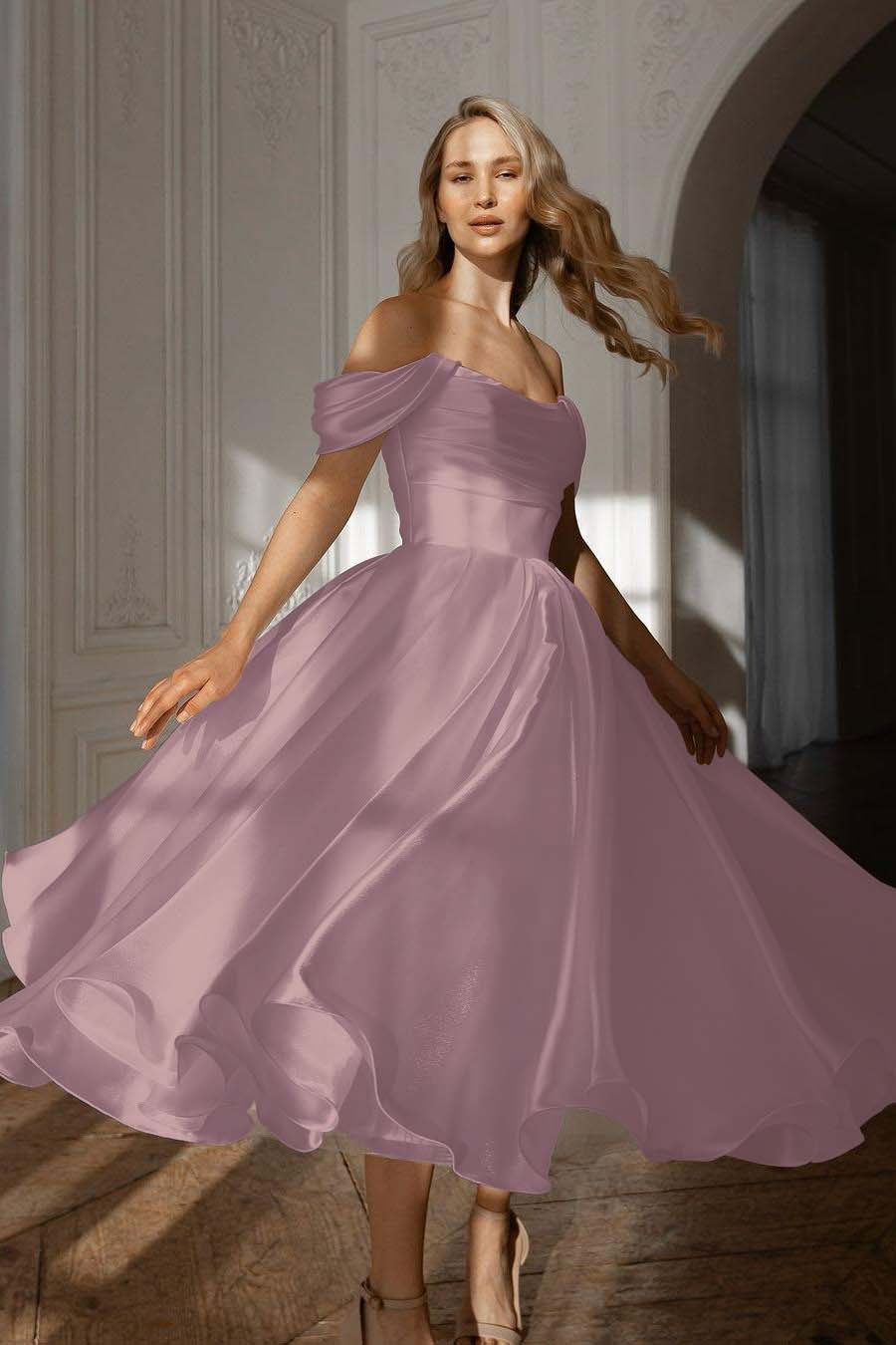 A Line Wedding Dress Cap Sleeve Off the Shoulder Organza Tea Length Formal Gown