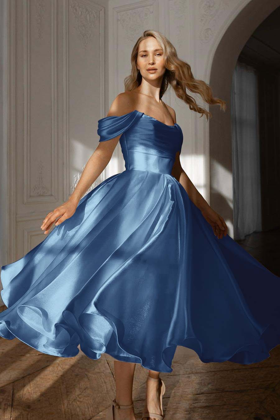 A Line Wedding Dress Cap Sleeve Off the Shoulder Organza Tea Length Formal Gown