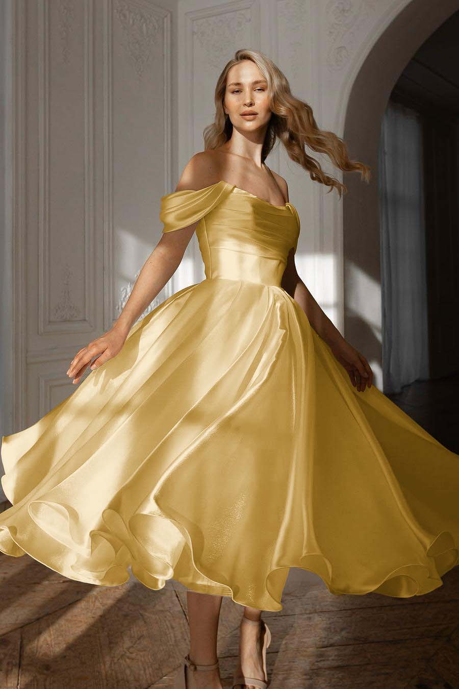 A Line Wedding Dress Cap Sleeve Off the Shoulder Organza Tea Length Formal Gown