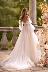 A Line Wedding Dress Long Sleeve Off the Shoulder Bridal Gown With Lace Appliques