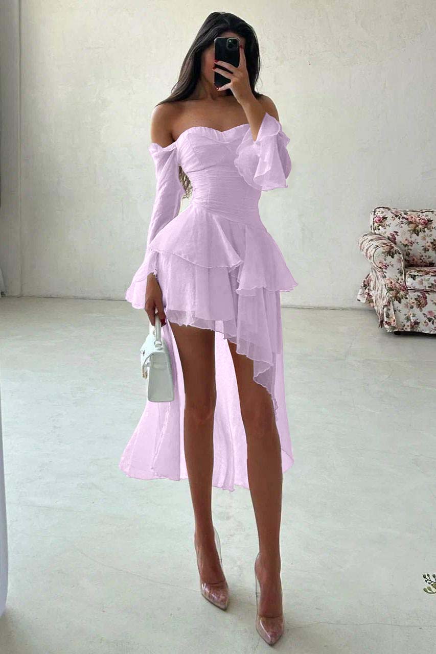 A Line Wedding Dress Long Sleeve Off the Shoulder Ruffled High Low Beach Bridal Gown