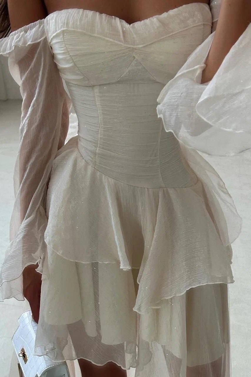 A Line Wedding Dress Long Sleeve Off the Shoulder Ruffled High Low Beach Bridal Gown
