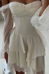 A Line Wedding Dress Long Sleeve Off the Shoulder Ruffled High Low Beach Bridal Gown