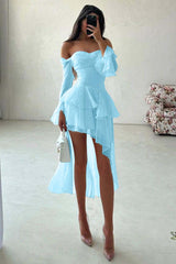 A Line Wedding Dress Long Sleeve Off the Shoulder Ruffled High Low Beach Bridal Gown