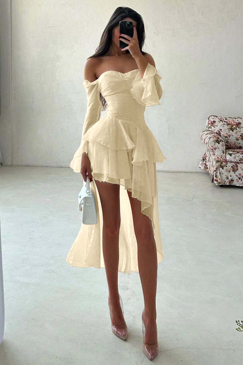 A Line Wedding Dress Long Sleeve Off the Shoulder Ruffled High Low Beach Bridal Gown