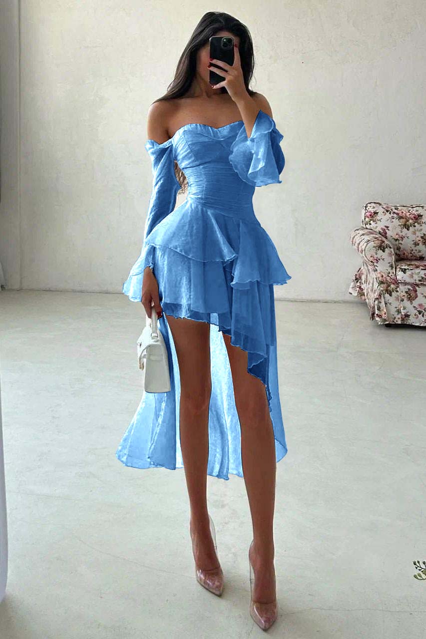 A Line Wedding Dress Long Sleeve Off the Shoulder Ruffled High Low Beach Bridal Gown