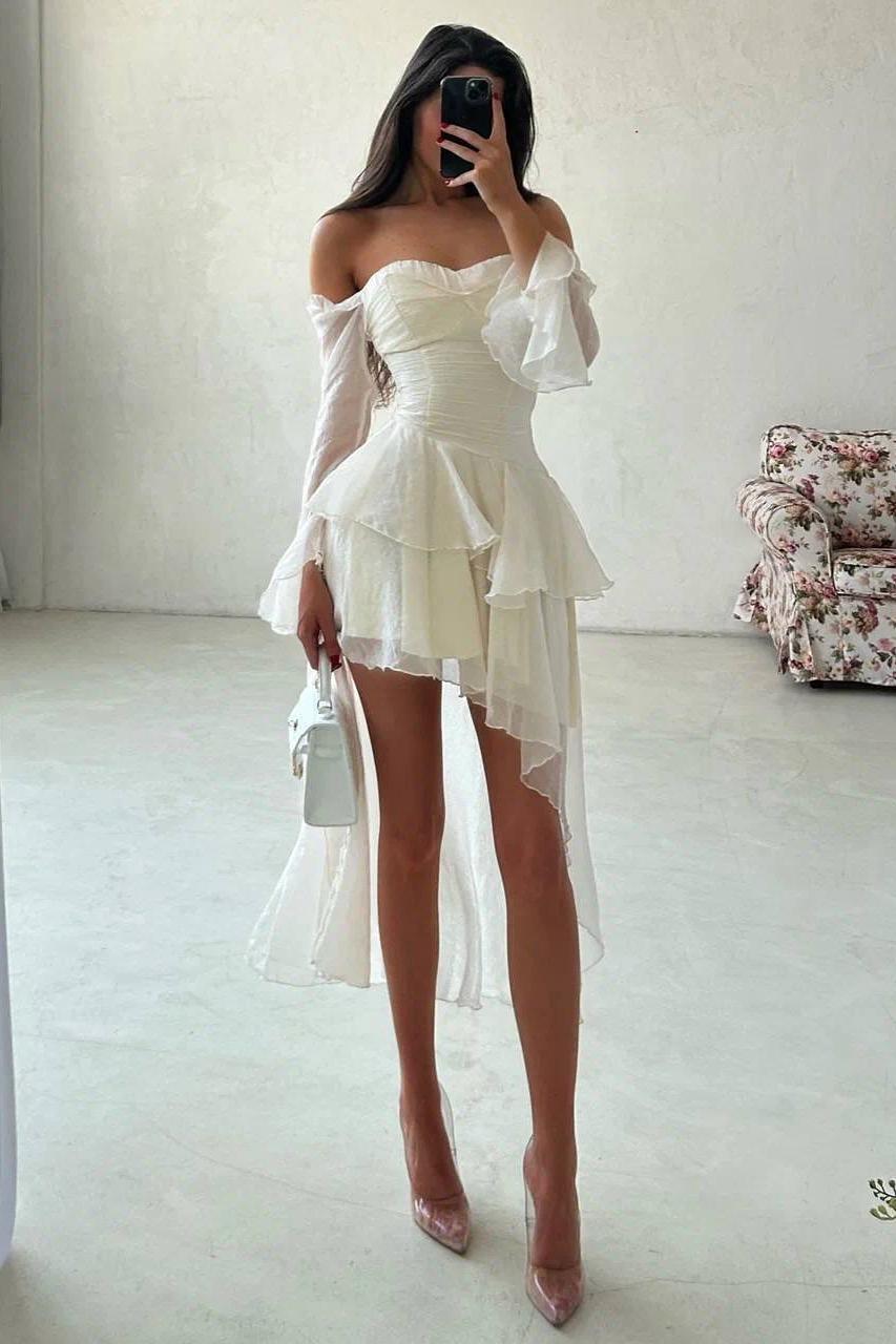 A Line Wedding Dress Long Sleeve Off the Shoulder Ruffled High Low Beach Bridal Gown