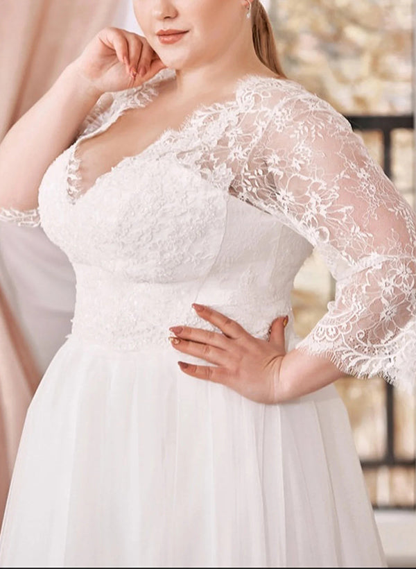 A Line Wedding Dress with Curve Lace Plunge Sleeves