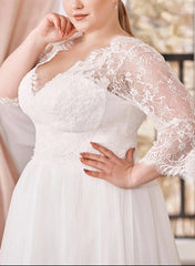 A Line Wedding Dress with Curve Lace Plunge Sleeves