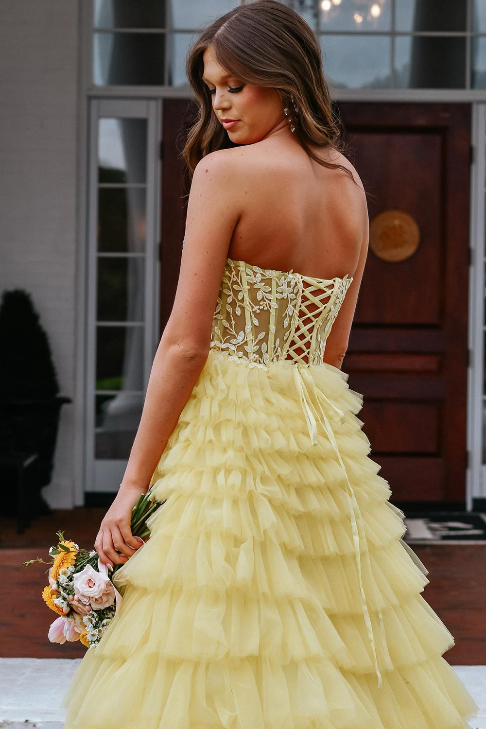 A Line Yellow Prom Dress Strapless Corset Tiered Tulle Party Dress with Appliques