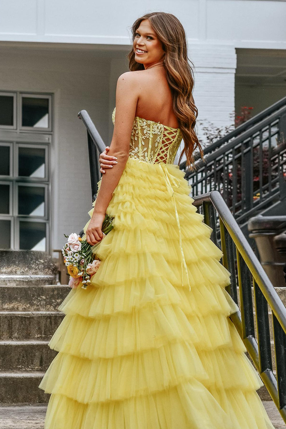 A Line Yellow Prom Dress Strapless Corset Tiered Tulle Party Dress with Appliques