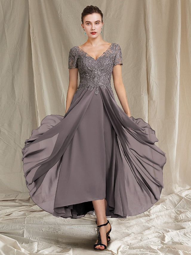 V-Neck A-Line Princess Tea-Length Dresses for the Mother of the Bride