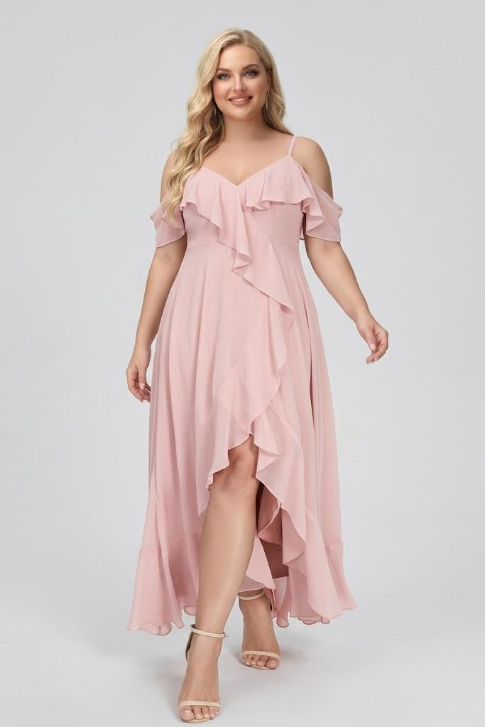 A-Line/Princess Chiffon Spaghetti Straps V-Neck Short Sleeves With Ruffles Asymmetrical Plus Size Bridesmaid Dresses