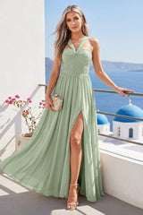 A-Line/Princess Halter Long Bridesmaid Dresses with Split Side