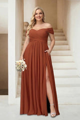 A-Line/Princess Off-the-Shoulder Sleeveless Chiffon Plus Size Bridesmaid Dresses with Pockets