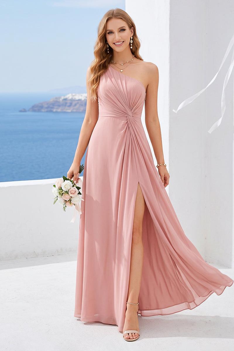 A-Line/Princess One-Shoulder Long Bridesmaid Dresses with Split Side