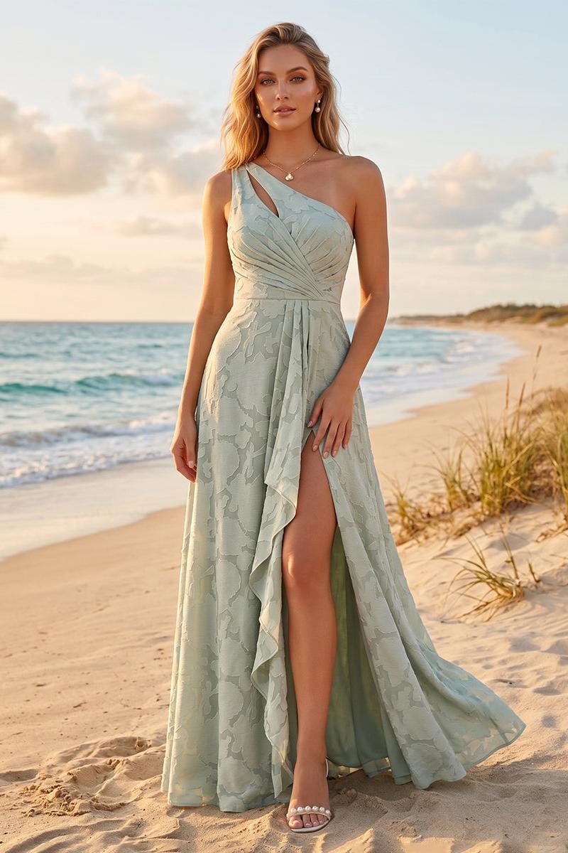 A-Line/Princess One-Shoulder Long Floral Bridesmaid Dresses with Split Side