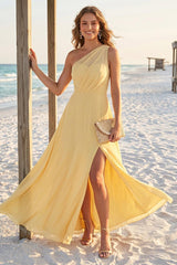 A-Line/Princess One-Shoulder Sleeveless Floor-Length Bridesmaid Dresses with Split Side & Ruched