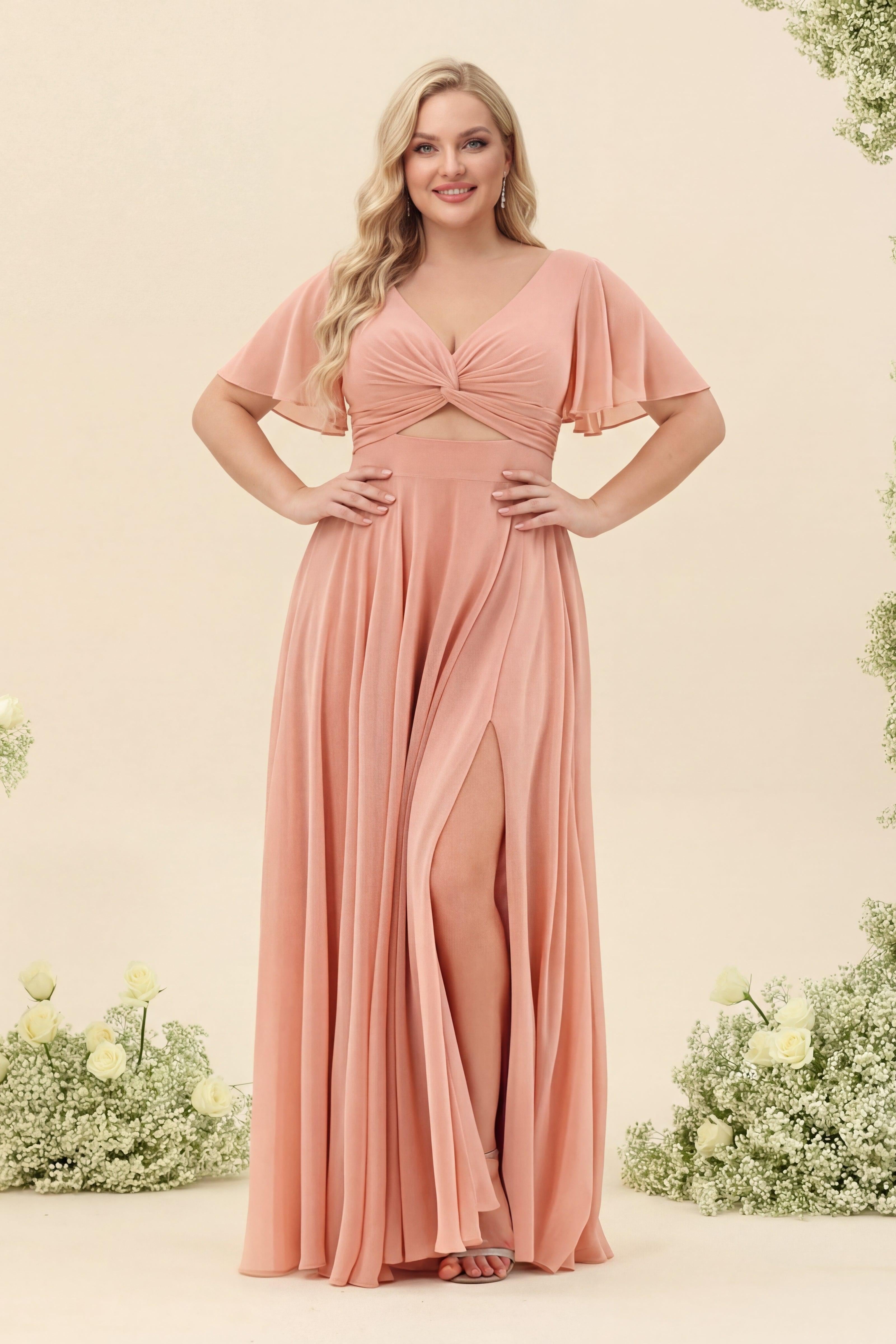 A-Line/Princess Ruffles V-Neck Short Sleeves Plus Size Bridesmaid Dresses With Bowknot