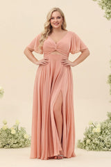 A-Line/Princess Ruffles V-Neck Short Sleeves Plus Size Bridesmaid Dresses With Bowknot