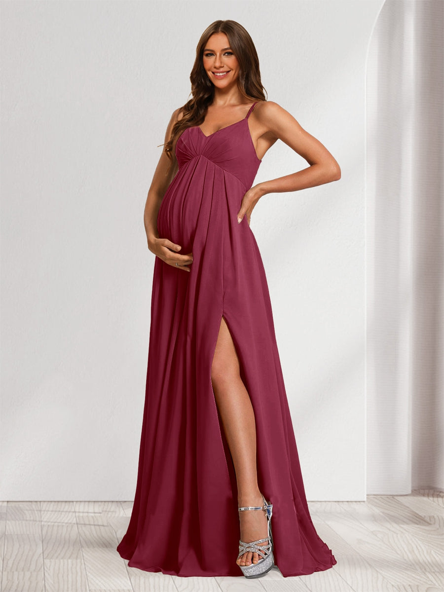 A-Line/Princess Spaghetti Straps Floor-Length Maternity Bridesmaid Dresses with Split Side & Pleats