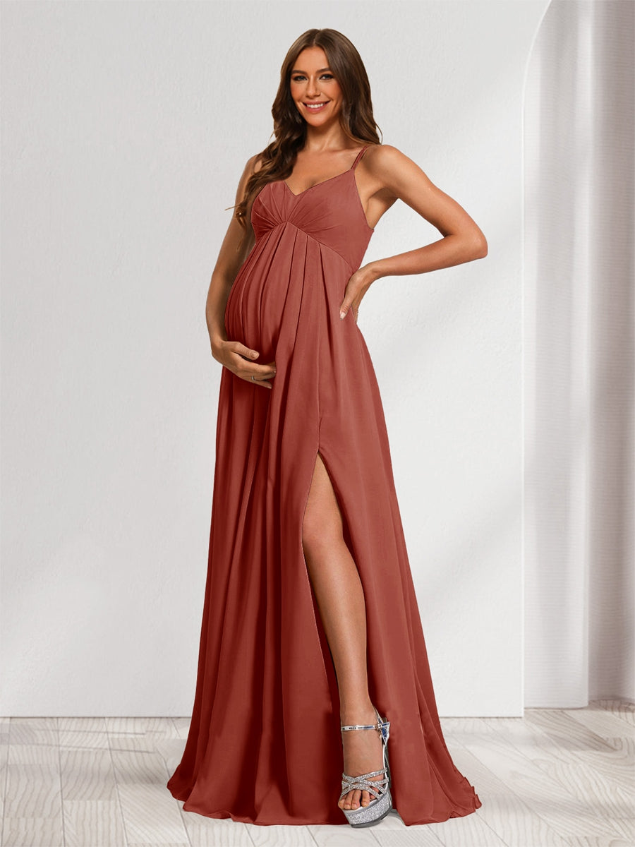 A-Line/Princess Spaghetti Straps Floor-Length Maternity Bridesmaid Dresses with Split Side & Pleats