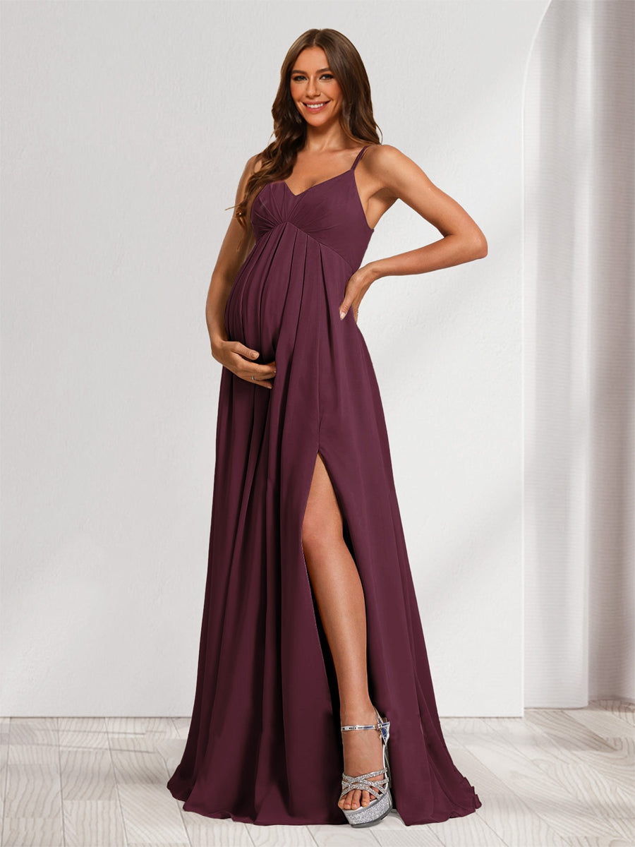 A-Line/Princess Spaghetti Straps Floor-Length Maternity Bridesmaid Dresses with Split Side & Pleats