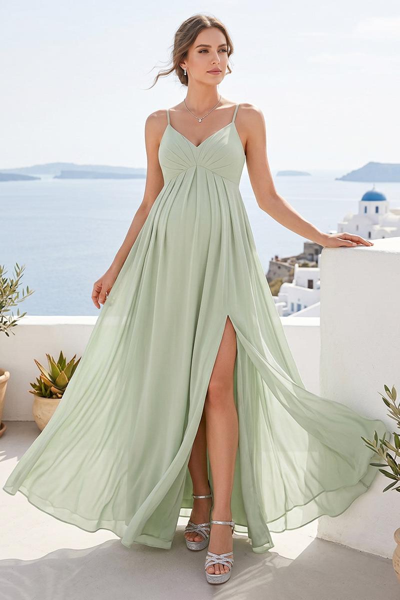 A-Line/Princess Spaghetti Straps Floor-Length Maternity Bridesmaid Dresses with Split Side & Pleats