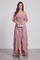 A-Line/Princess Spaghetti Straps Half Sleeves V-Neck Bridesmaid Dresses With Ruffles