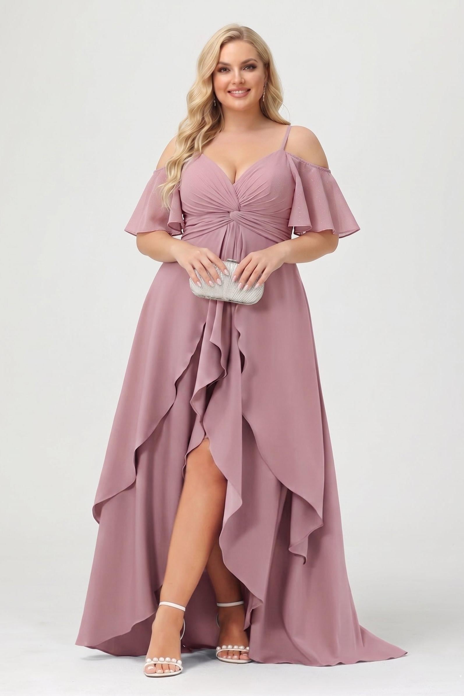 A-Line/Princess Spaghetti Straps Half Sleeves V-Neck Plus Size Bridesmaid Dresses With Ruffles