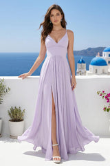 A-Line/Princess Spaghetti Straps Long Wedding Party Dresses with Split Side