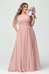 A-Line/Princess Spaghetti Straps Sleeveless Chiffon Ruched Plus Size Bridesmaid Dresses with Pockets
