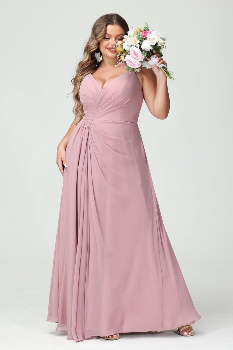 A-Line/Princess Spaghetti Straps Sleeveless Chiffon Split Side Plus Size Bridesmaid Dresses with Pockets