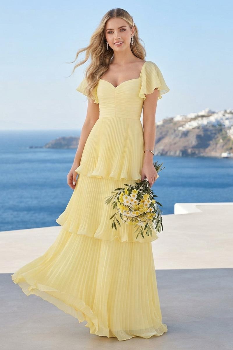 A-Line/Princess V-Neck Flutter Sleeves Floor-Length Bridesmaid Dresses With Pleats & Bowknot