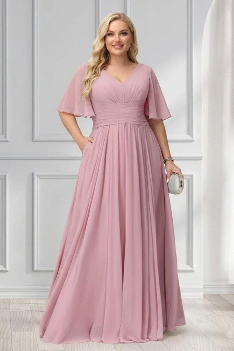 A-Line/Princess V-Neck Half Sleeves Chiffon Plus Size Bridesmaid Dresses with Pockets