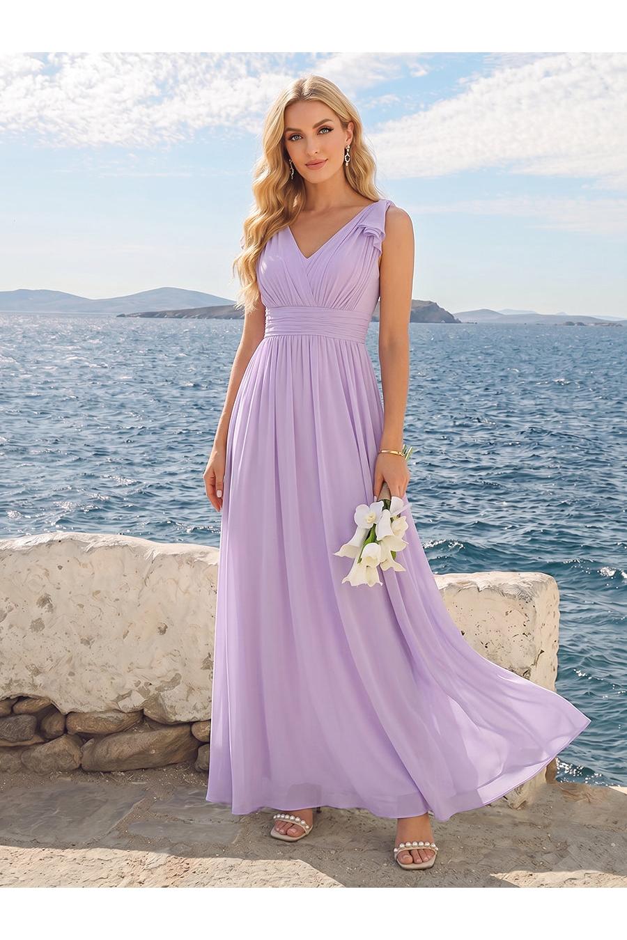 A-Line/Princess V-Neck Long Bridesmaid Dresses with Ruffles