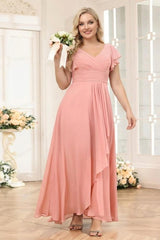 A-Line/Princess V-Neck Long Plus Size Wedding Party Dresses with Ruffles