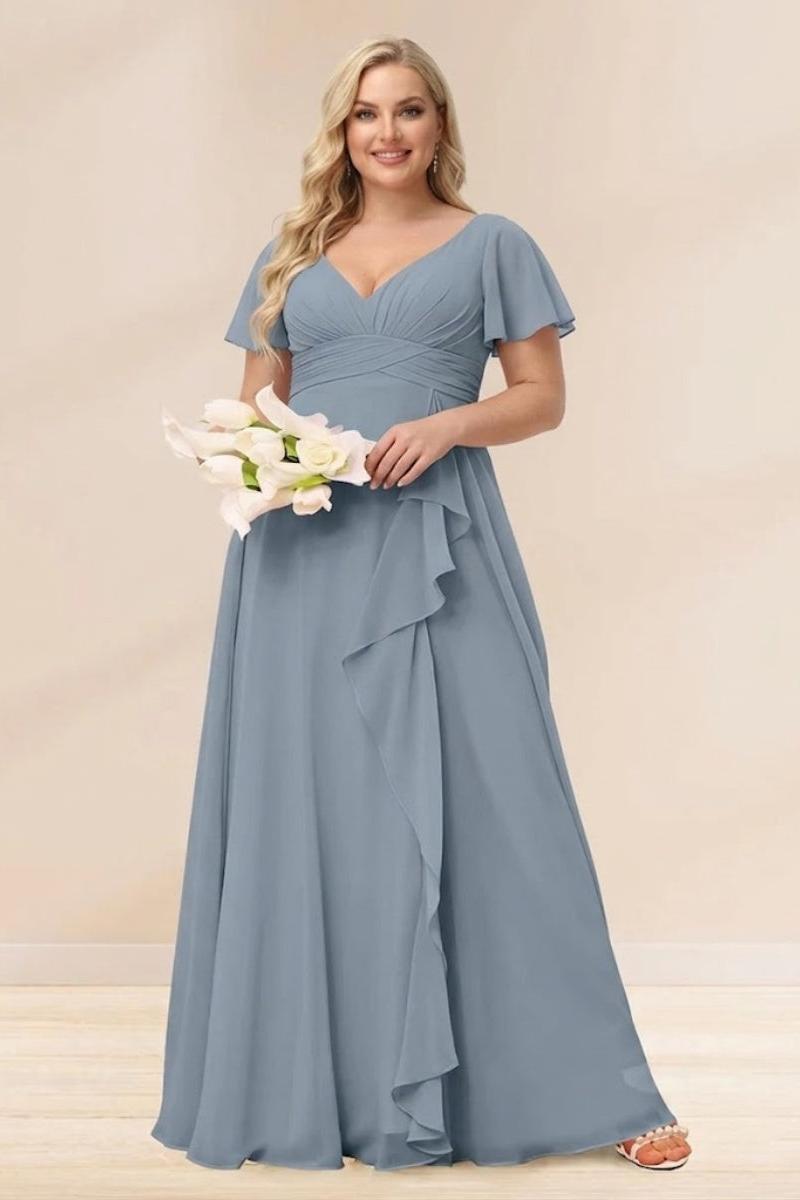 A-Line/Princess V-Neck Long Plus size Bridesmaid Dresses with Ruffles