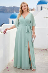 A-Line/Princess V-Neck Long Sleeves Chiffon Split Side Plus Size Bridesmaid Dresses With Pockets Belt