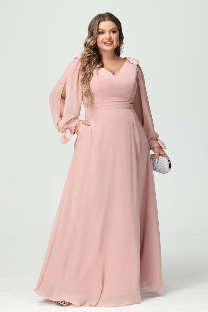 A-Line/Princess V-Neck Long Sleeves Chiffon Split Side Plus Size Bridesmaid Dresses with Pockets