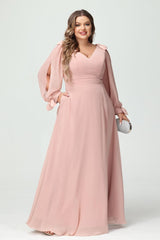 A-Line/Princess V-Neck Long Sleeves Chiffon Split Side Plus Size Bridesmaid Dresses with Pockets