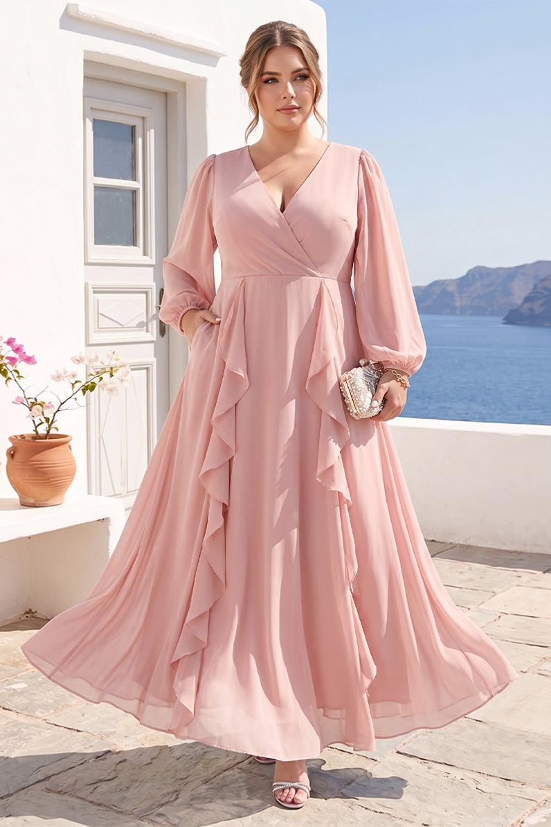 A-Line/Princess V-Neck Long Sleeves Chiffon Tea-Length Ruffles Plus Size Bridesmaid Dresses with Pockets
