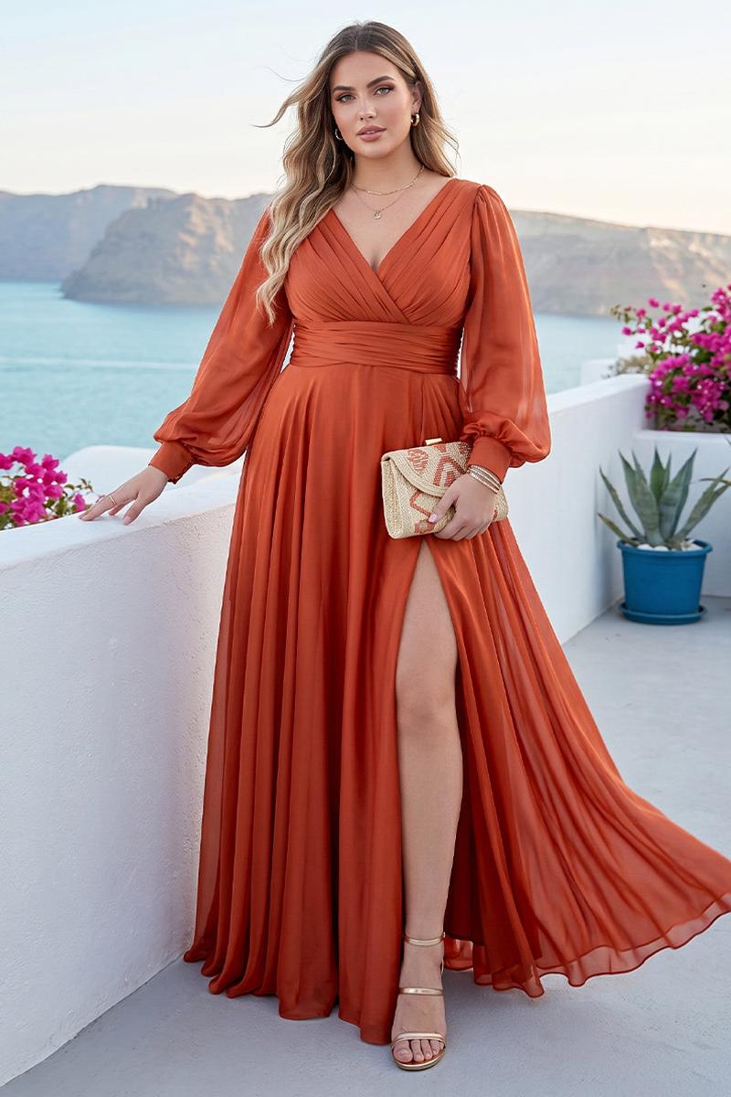 A-Line/Princess V-Neck Long Sleeves Floor Length Plus Size Bridesmaid Dresses with Split Side