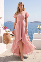 A-Line/Princess V-Neck Long Wedding Party Dresses with Ruffles